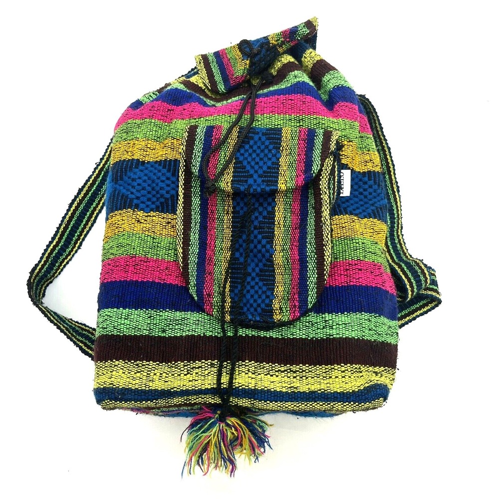JAMAICA RASTA STYLE‎ Mexican Backpack Boho Colorful Woven Baja Bag Aztec - Picture 3 of 11